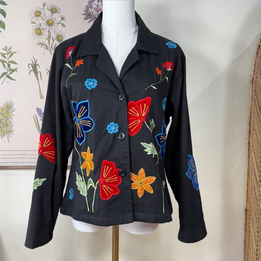 90s Y2k Black Embroidered Velvet Floral Jacket Whimsigoth Witchy Dark Fairy M
